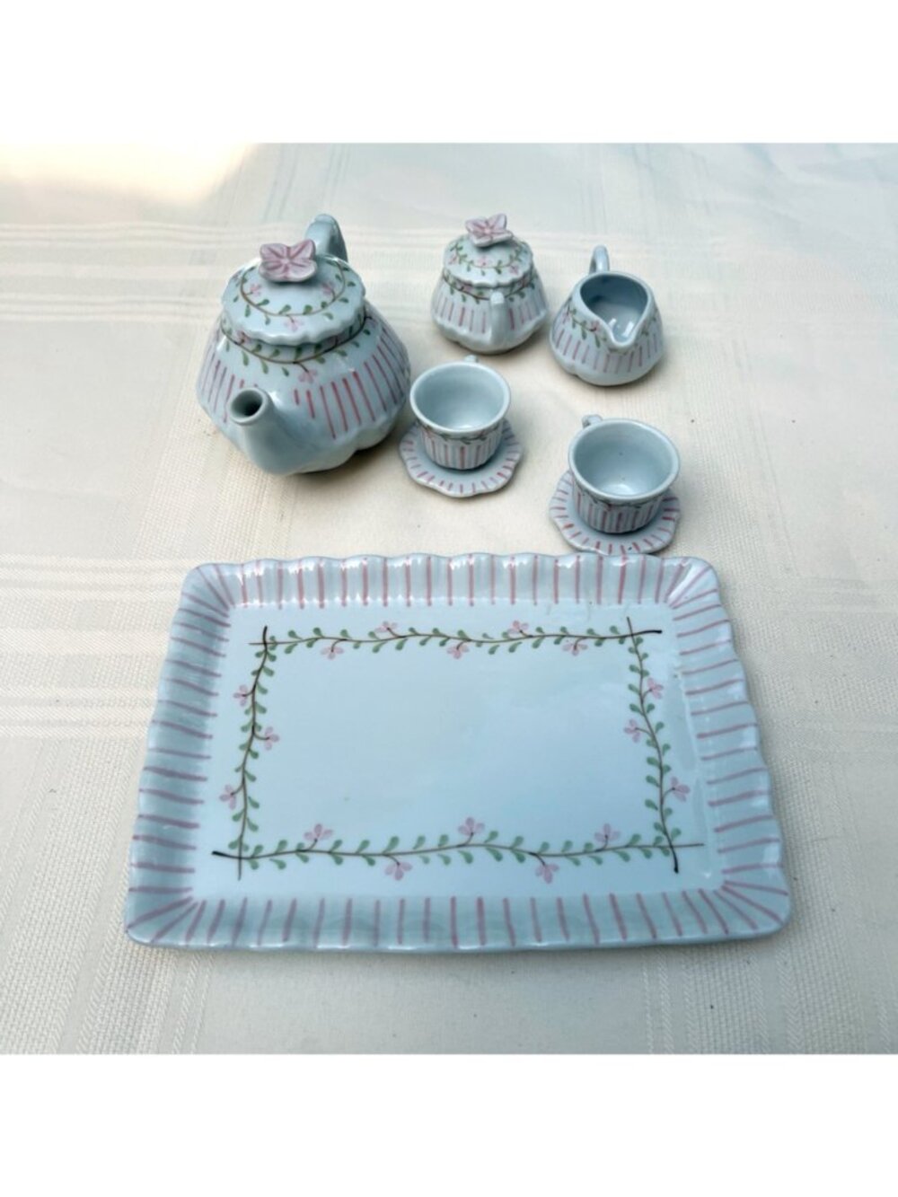 Hand-Painted Porcelain Mini Tea Set With Floral & Pink Stripe Design Shabby Chic - Picture 6 of 6